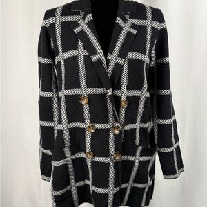 Marled Windowpane Plaid Knit Blazer Sweater Jacket Size M